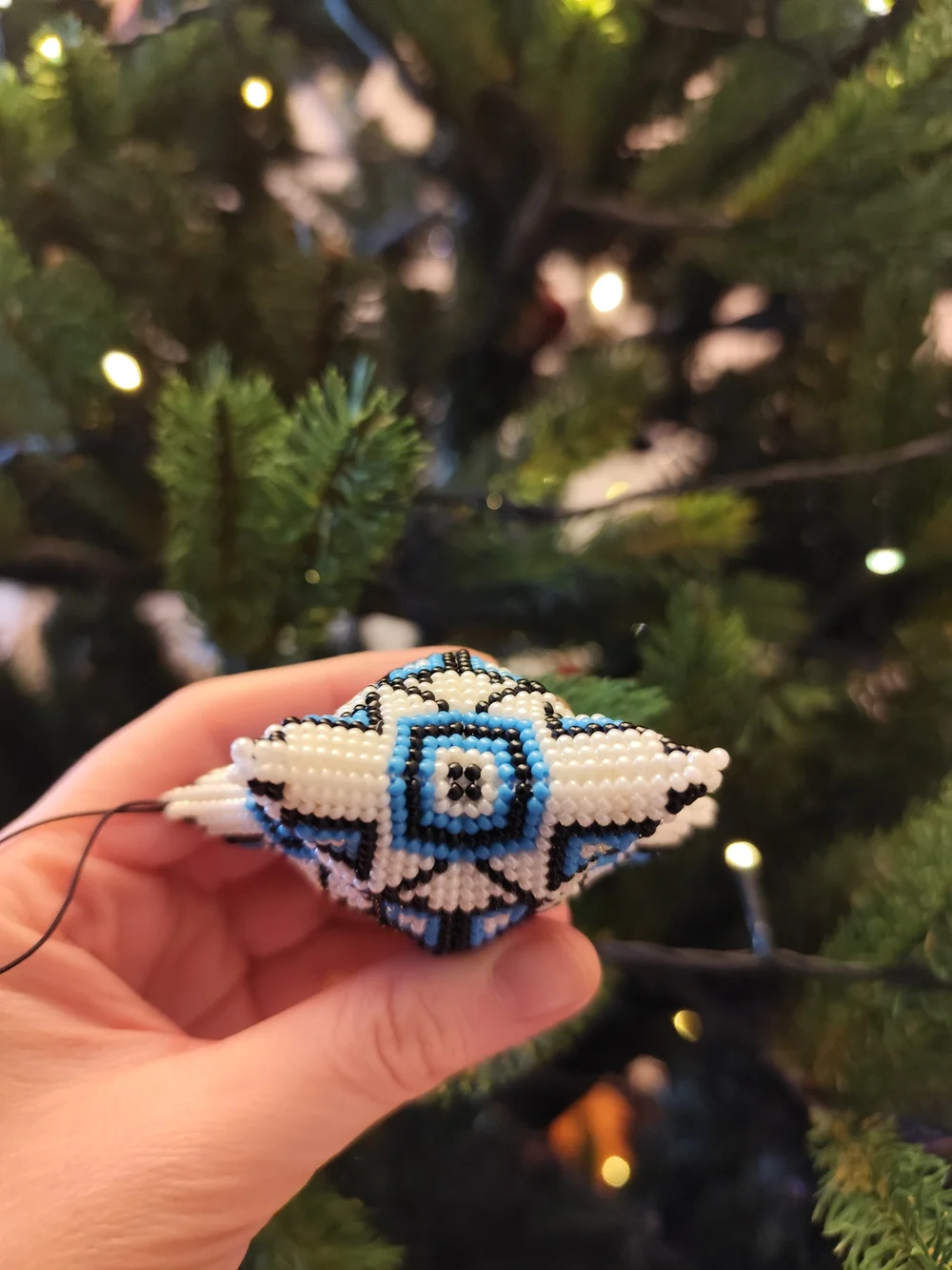 Blue, White & Black Beaded Star Ornament - Holiday Tree Accent
